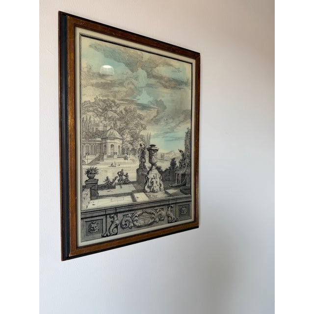 French Vintage French Architectural Landscape Engraving, Framed For Sale - Image 3 of 12