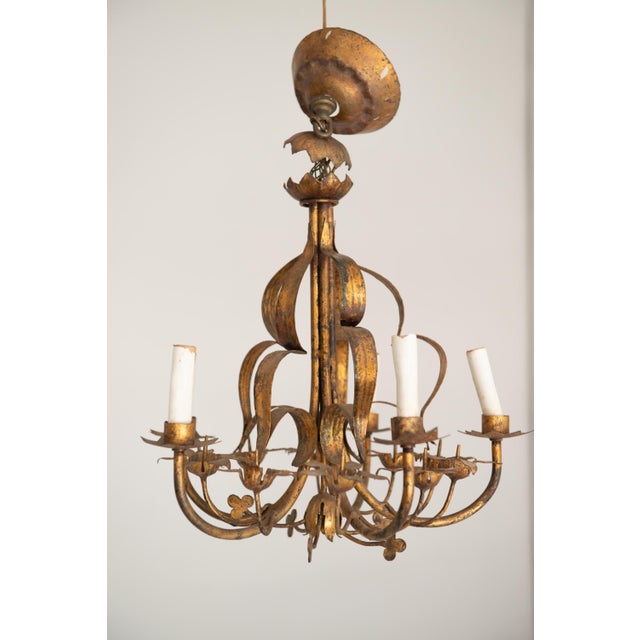 1960s Italian Gilt Metal Floral Chandelier, Wrought Iron, Five Lights For Sale In New York - Image 6 of 13