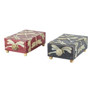 Pair of Mid-20th Century Wood Jewelry Boxes With Carved Soapstone Dragonflies, Vietnam For Sale