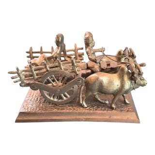 Vintage India Brass Man With Wagon Cart Bulls Cows For Sale