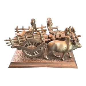 Vintage India Brass Man With Wagon Cart Bulls Cows