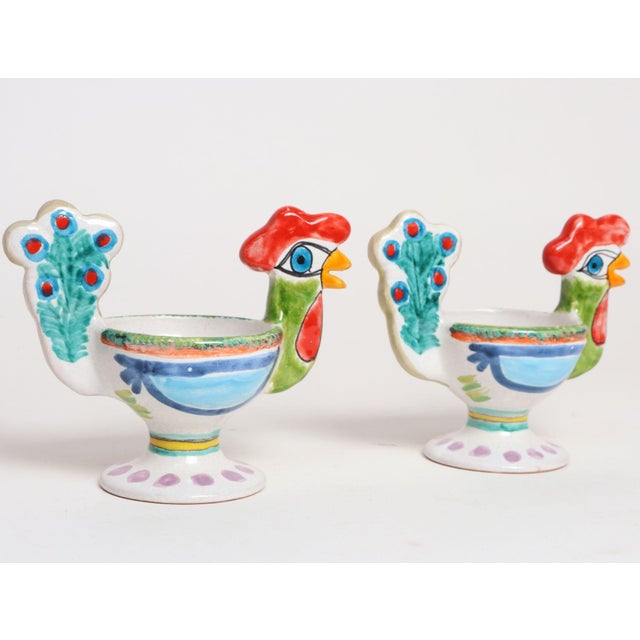 Pair of versatile, hand-painted ceramic compotes/vases/egg cups/vide poches by De Simone (ca. 1970s, Italy). Rooster forms...