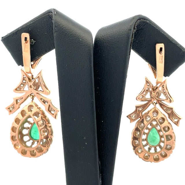 14k Gold 3 Carat Diamond & 1.50 CTW Emerald Drop Earrings, a Pair For Sale - Image 4 of 12