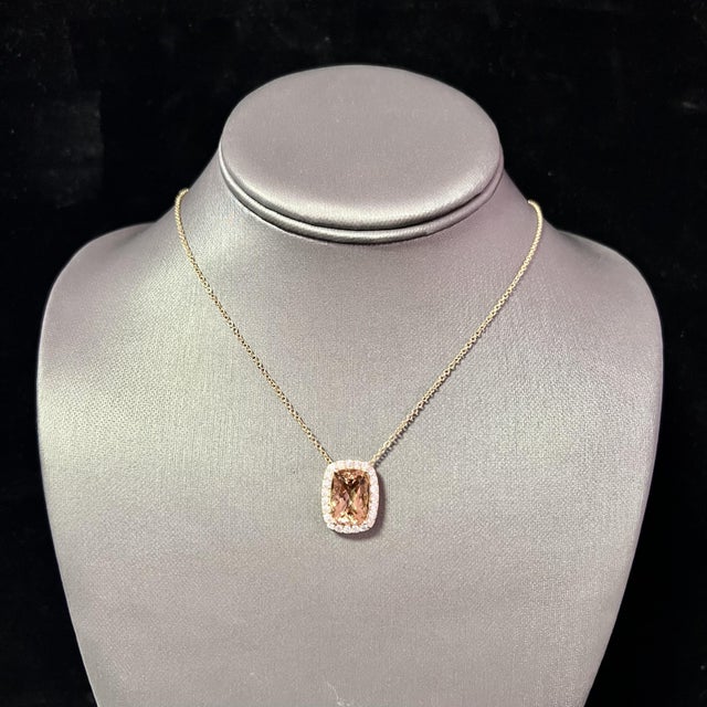 Diamond Morganite Pendant Necklace 14k Gold 7.35 TCW Certified For Sale - Image 10 of 12