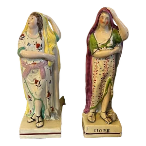 Antique Early 19th Century English Staffordshire Pearlware Neoclassical Figures of Hope With an Anchor - a Pair