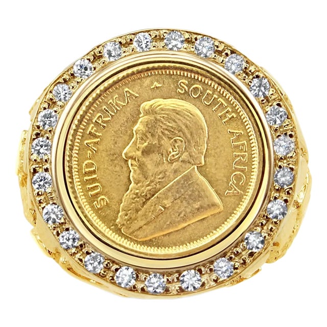 Krugerand South African Diamond Coin Ring with Nugget Band, Size 9 For Sale