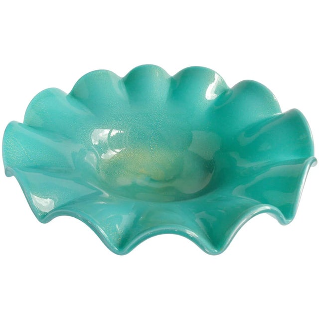 Beautiful, and very large, vintage Murano hand blown jade green and gold flecks Italian art glass centerpiece bowl. It is...