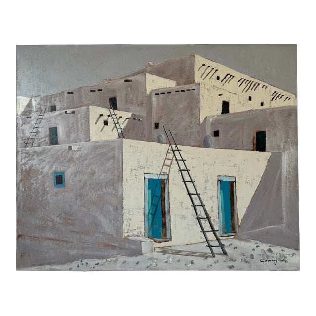 1980's Large Vintage Southwestern Taos New Mexico Adobe House Oil Painting, Signed For Sale