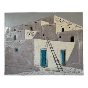 1980's Large Vintage Southwestern Taos New Mexico Adobe House Oil Painting, Signed
