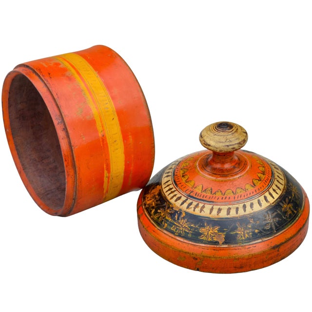 Wood Mid 20th Century Hand-Painted Colorful Asian Wooden Lidded Bowl For Sale - Image 7 of 8
