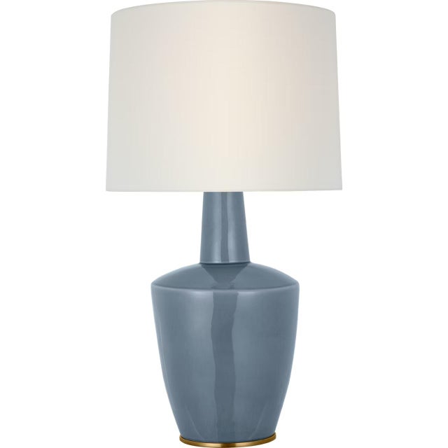 Modern Barbara Barry by Visual Comfort Signature Paros 31" Table Lamp in Polar Blue Crackle with Linen Drum Shade For Sale - Image 3 of 3
