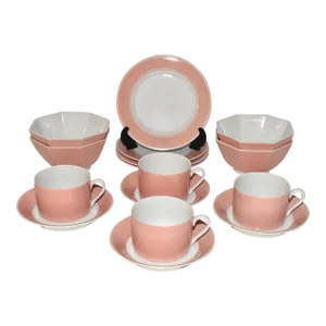 1970s Fitz & Floyd Mid Century Modern Pink Peach Rondelet Luncheon Set 16 Piece Plates Bowls Cups