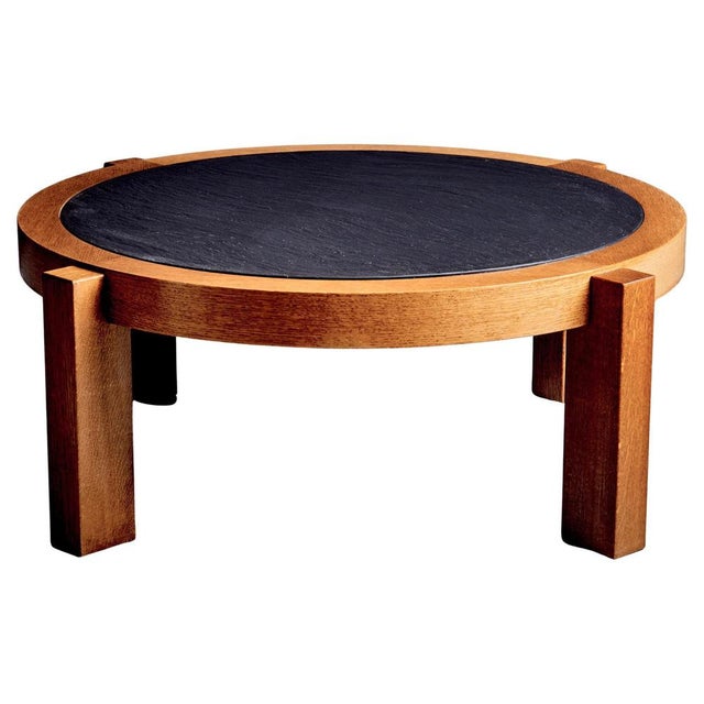 Round Oak Coffee Table with Dark Slate Top, 1960s For Sale - Image 10 of 10