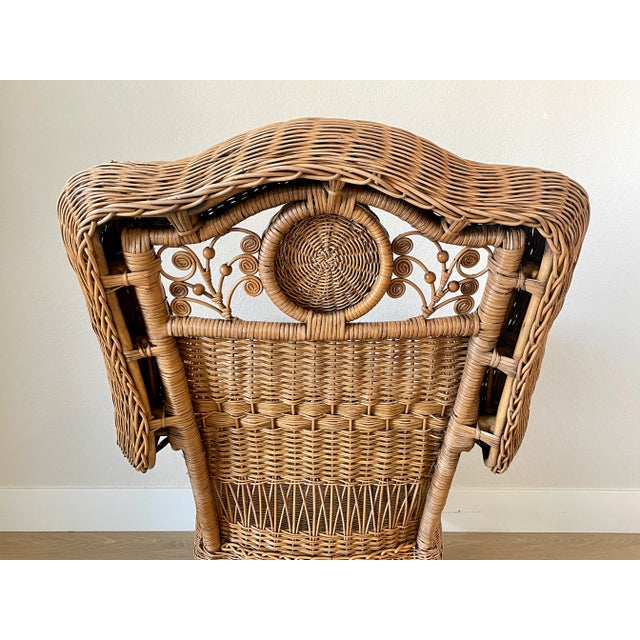 Tan Mid 20th Century Vintage Cottage Chic Wicker Rattan Medallion Wingback Adult Rocking Chair For Sale - Image 8 of 12