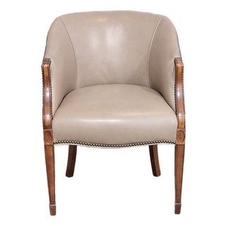 Late 20th Century Taupe Leather Club Chair With Mahogany Frame For Sale
