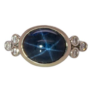 6cts Star Sapphire Ring With Natural Diamonds Accents: Solid 14k Gold, Size 6.75 For Sale