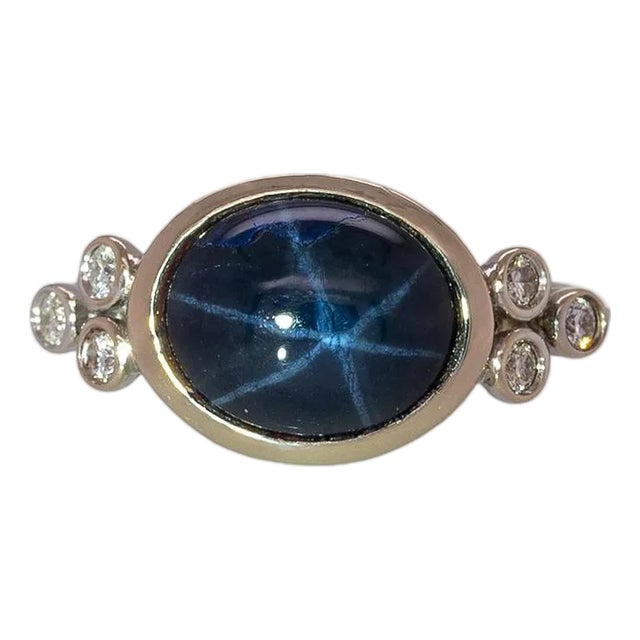 6cts Star Sapphire Ring With Natural Diamonds Accents: Solid 14k Gold, Size 6.75 For Sale