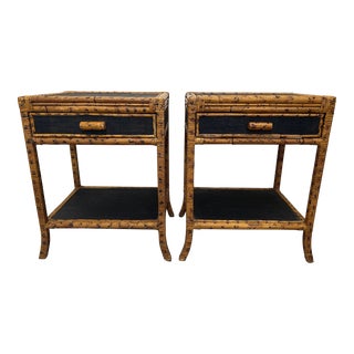 20th Century Burnt Bamboo Rattan and Cane Nightstands, a Pair For Sale