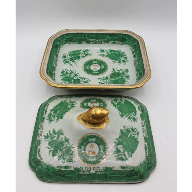 Circa 1800-1830 Pair of Green Fitzhugh Covered Vegetable Dishes. Crested; etoile over a baton of leaves. Rectangular....