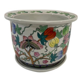 Mid 20th Century Porcelain Famille Rose Cachepot Planter With Drain Plate For Sale