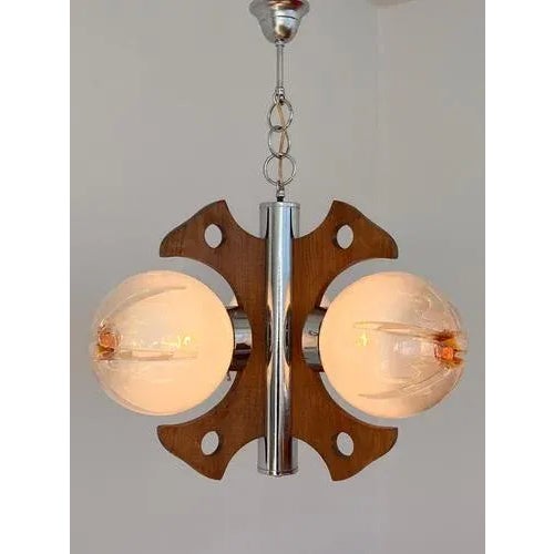 1970s Wood and Murano Art Glass Pendant Light, Italy, 1970s For Sale - Image 5 of 8
