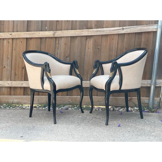 1990s Black Lacquer Gold Leaf Swan-Neck Armchairs - a Pair For Sale - Image 5 of 7