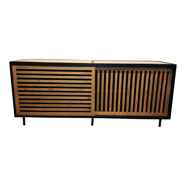 Organic Modern Black and Oak Wood Finished Slated Sideboard | Chairish