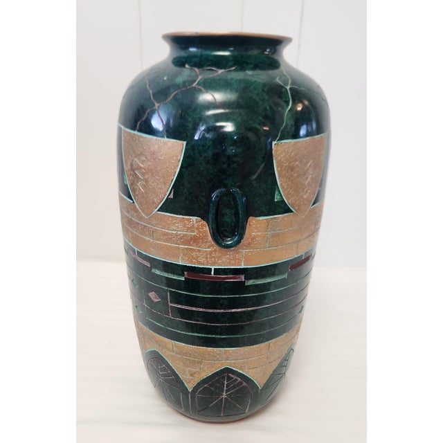 Art Deco Pair Large Postmodern Vintage Green and Gold Floor Vases For Sale - Image 3 of 13