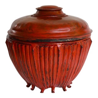 Early 20th Century Red Lacquered Bamboo Rice Bowl With Lid For Sale