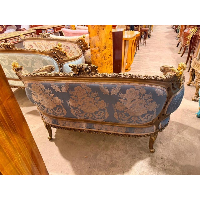 Vintage Cherub Rococo Sette upholstery Blue Damask Canapa For Sale - Image 9 of 9