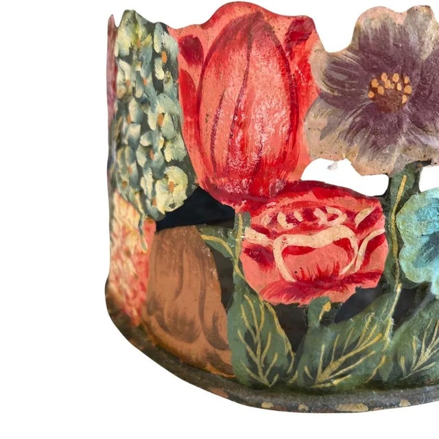 Realism Vintage 1940s Italian Hand-Painted Toleware Cachepot Planter, Signed For Sale - Image 3 of 9