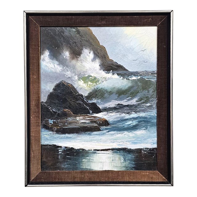 Original 1970s California Seascape Oil Painting – Signed Coastal Ocean View in Period Frame For Sale