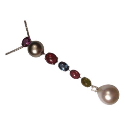 Mid 20th Century 18k White Gold Diamond Gemstone Tahitian Pearl Pendant Necklace For Sale
