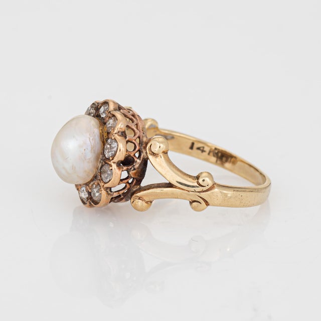 Gia Natural Saltwater Pearl Ring Antique Victorian Diamond 14k Gold Sz 6.5 For Sale - Image 4 of 7