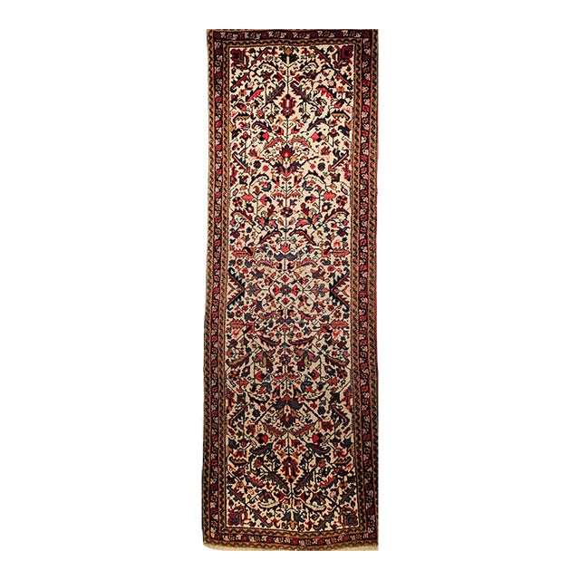 Vintage Heriz Runner Rug, Hand-Knotted Wool, Allover Geometric Pattern, Ivory & Red, 3x9 For Sale