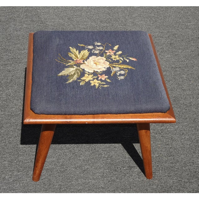 Mid-Century Modern Vintage Mid Century Modern Blue Needlepoint Tapestry Footstool Stool Bench For Sale - Image 3 of 11