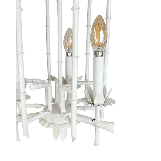 1970's Faux Bamboo White Pagoda Three Arm Tole Chandelier For Sale In Houston - Image 6 of 6