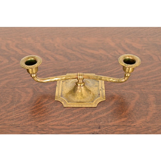 A gorgeous Arts & Crafts period brass finished hand hammered copper candelabra By Roycroft USA, Early 20th Century...