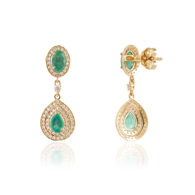 Green 1.68ct Pear-Cut Emerald & Diamond Double Halo Drop Earrings in 14k Yellow Gold- 2 Pieces For Sale - Image 8 of 14