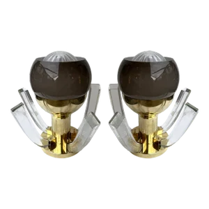 Contemporary Pair of Brass and Gray Murano Glass Flower Lamps, Italy