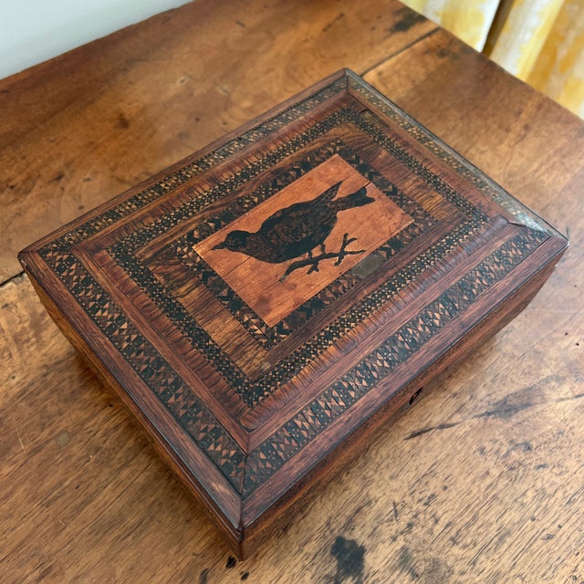 English Antique English Wood Inlay Tunbridge Box With Bird Motif For Sale - Image 3 of 11