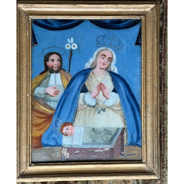 Rustic Antique Made in Mexico Holy Family Christmas Nativity Framed Wall Painting For Sale - Image 3 of 8