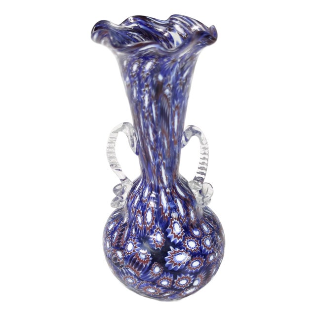 Vintage Blue Murano Glass Vase with Murrines attributed to Fratelli Toso, Italy, 1960s For Sale