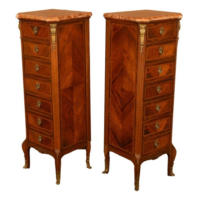 Pair Antique French Semainier Ormolu Inlaid Lingerie Marble Chests Dressers 1900 For Sale - Image 13 of 18