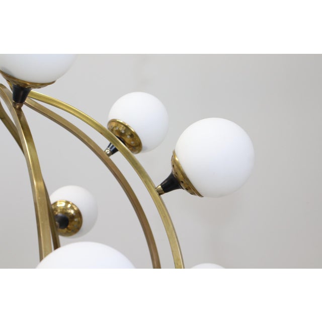 Large 20-Light Chandelier in Brass and Opal Spheres in the style of Stilnovo, 1988 For Sale - Image 12 of 13