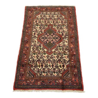 Hamedan Rug 2’7” X 4’2” Ivory Wool Vintage Tribal Hand-Knotted Carpet For Sale