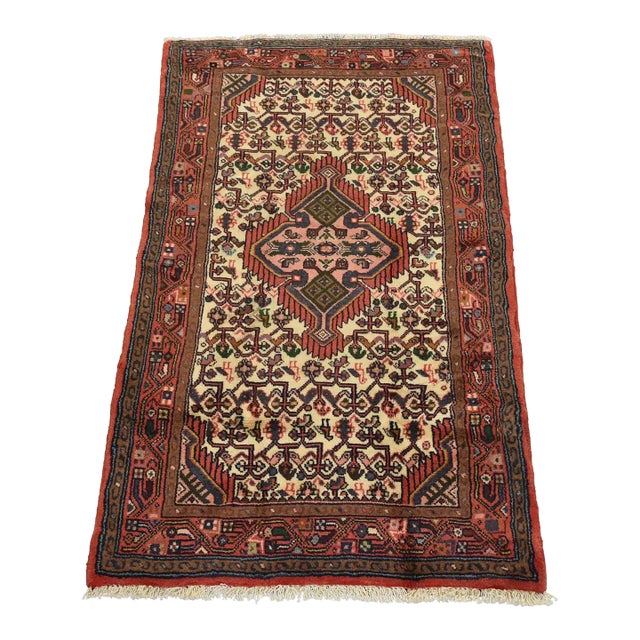 Hamedan Rug 2’7” X 4’2” Ivory Wool Vintage Tribal Hand-Knotted Carpet For Sale