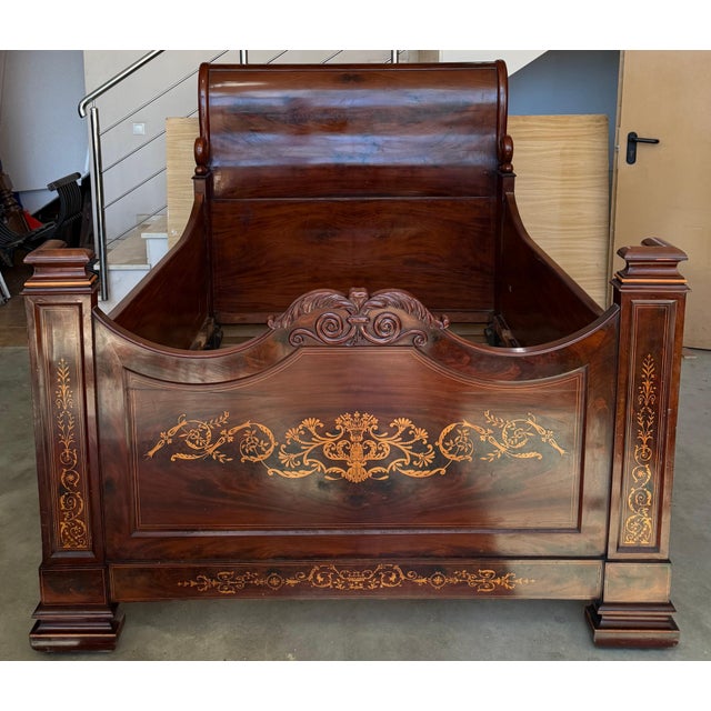 19th Century Italian Carved Inlaid Mahogany Burl Full Bed For Sale In Miami - Image 6 of 18