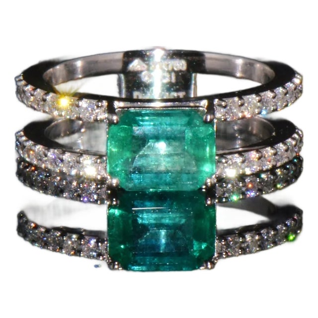 Certified Natural 1.84cts Emerald & Diamond 18k White Gold Double Shank Ring, Size 6.5 For Sale