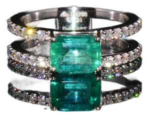 Certified Natural 1.84cts Emerald & Diamond 18k White Gold Double Shank Ring, Size 6.5